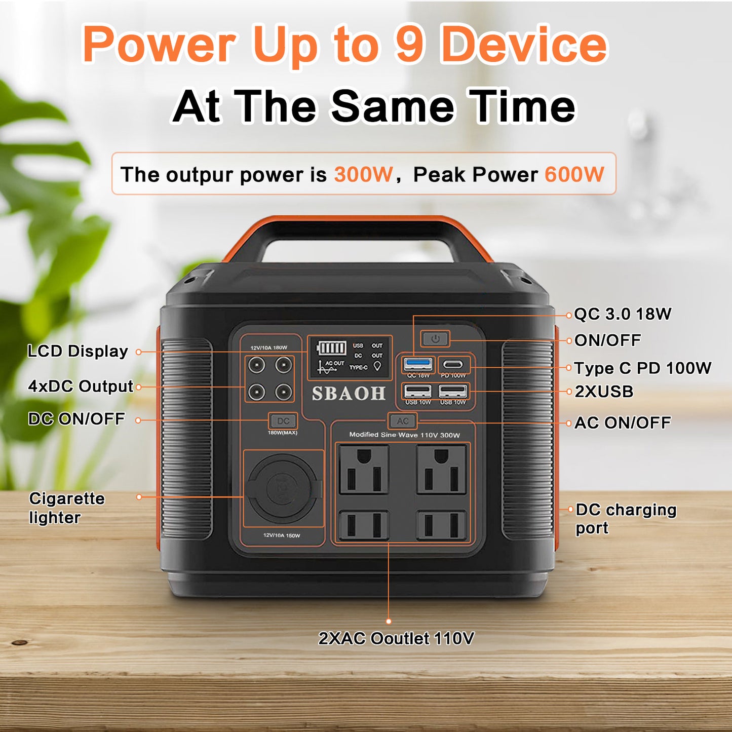 Original SBAOH P302 Portable Power Station – 300W 296Wh Backup Lithium Battery with 13 Outputs and Emergency Flashlight