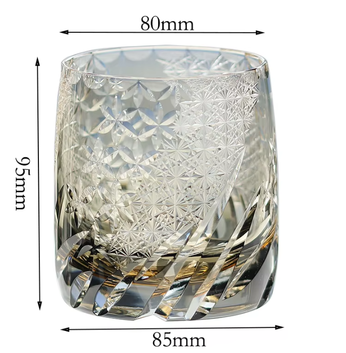 Edo Kiriko Whiskey Glass 310ml – Hand-Cut Amber Grey Crystal in Gift Box