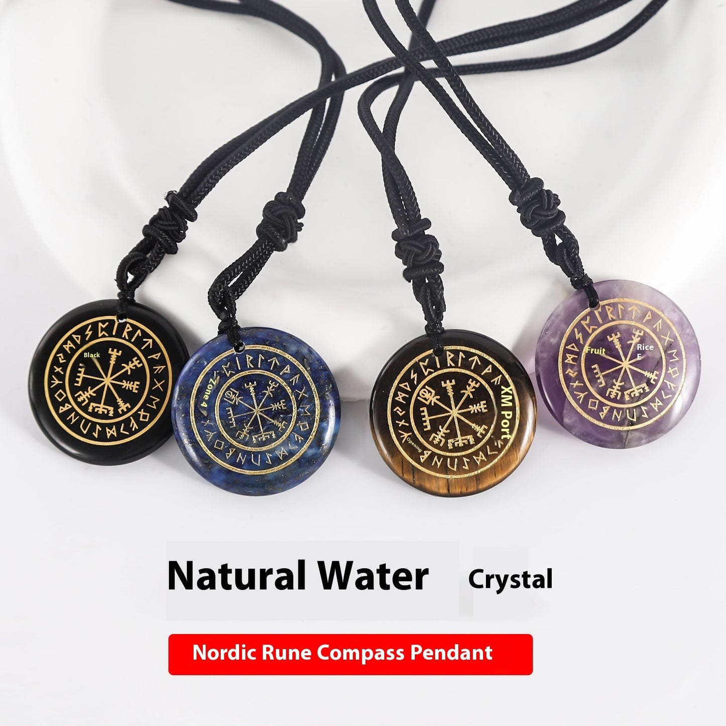 Nordic Rune Compass Crystal Pendant – Carved Amethyst, Obsidian, or Tiger’s Eye