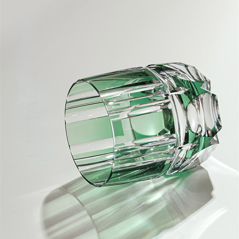 Japan KAGAMI Design Edo Kiriko Crystal Hand Carving Green Bamboo Rock Glass