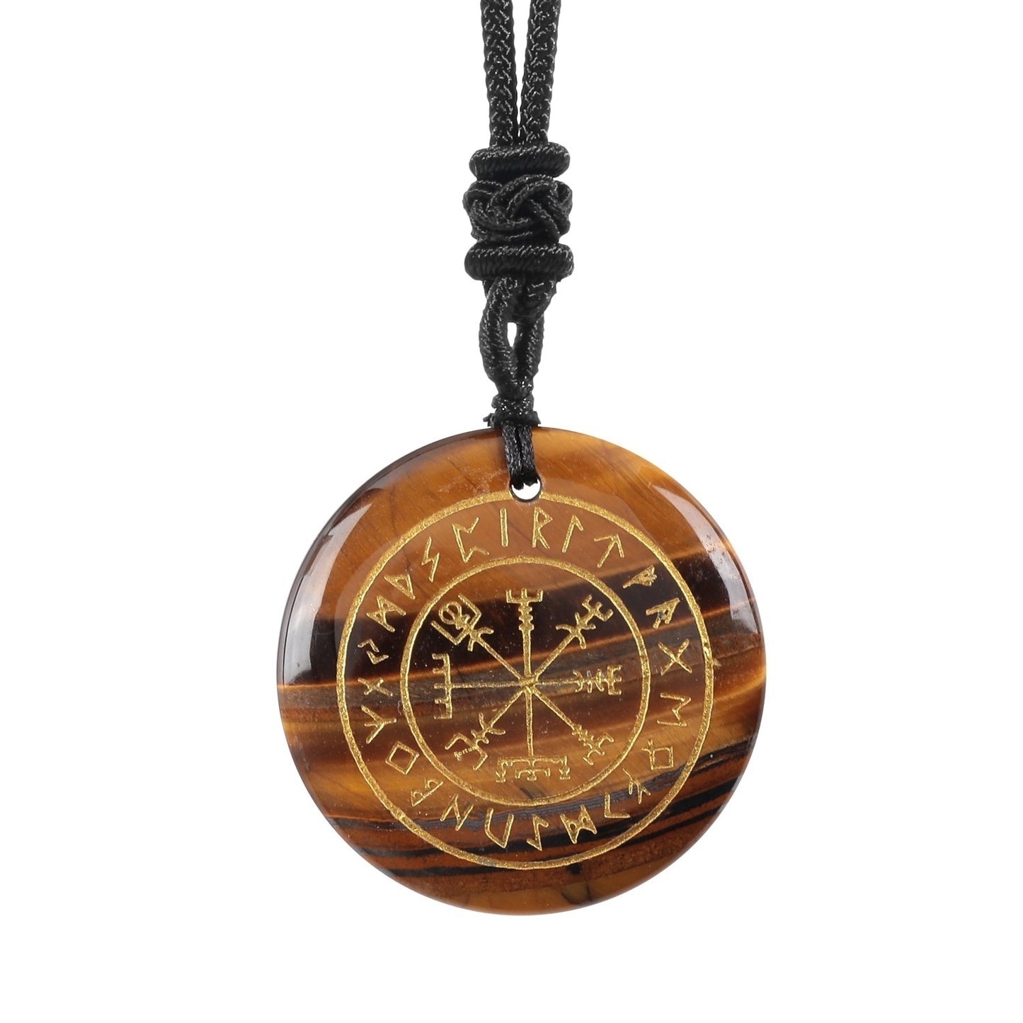 Nordic Rune Compass Crystal Pendant – Carved Amethyst, Obsidian, or Tiger’s Eye