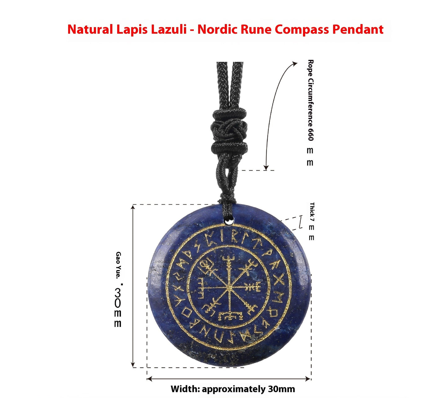 Nordic Rune Compass pendant with measurements on a white background