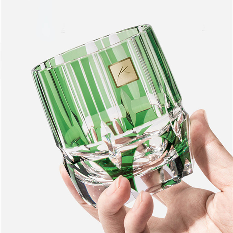 Japan KAGAMI Design Edo Kiriko Crystal Hand Carving Green Bamboo Rock Glass