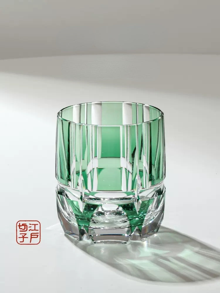 Japan KAGAMI Design Edo Kiriko Crystal Hand Carving Green Bamboo Rock Glass