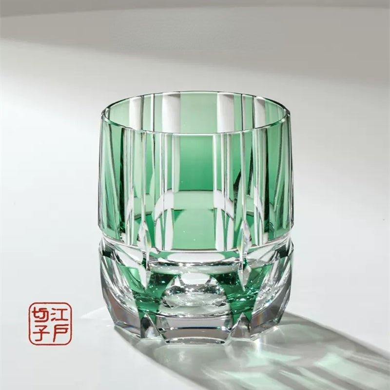 Japan KAGAMI Design Edo Kiriko Crystal Hand Carving Green Bamboo Rock Glass