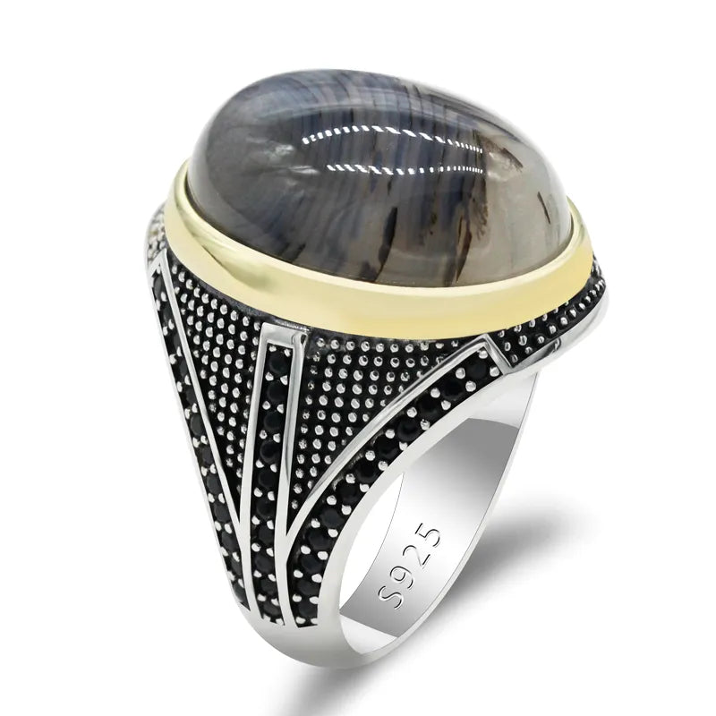 Unleash the Power of Gemstones: Men's Sterling Silver Ring with Big Natural Agate Stone - Man Gifts Shop