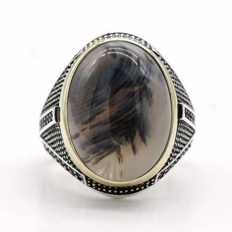 Unleash the Power of Gemstones: Men's Sterling Silver Ring with Big Natural Agate Stone - Man Gifts Shop