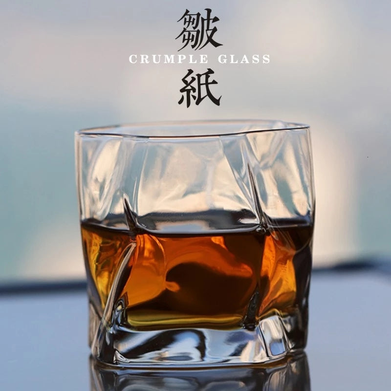 Japanese Edo Designer Crumple Paper Irregular Shape Crystal Whiskey Rock Glass