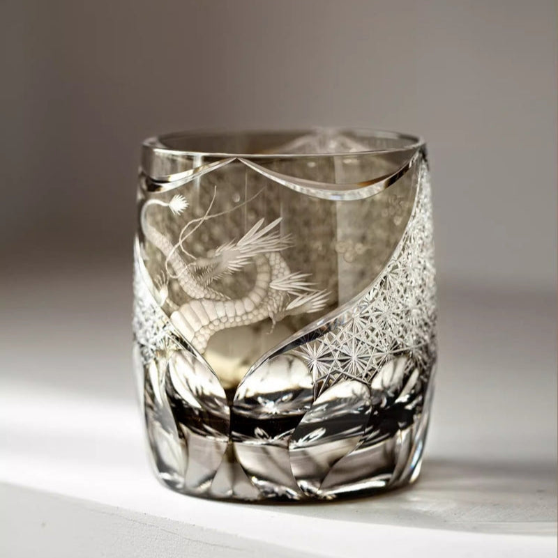 Dragon Crystal Whiskey Glass – Hand-Carved Edo Kiriko Amber Brandy Snifter for Men | Gift Boxed Prestige