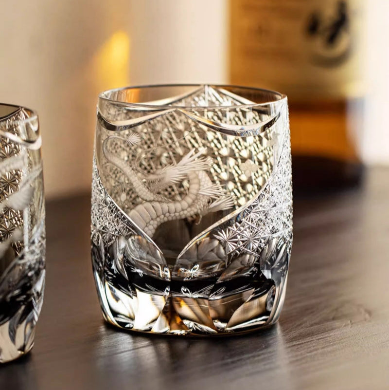 Dragon Crystal Whiskey Glass – Hand-Carved Edo Kiriko Amber Brandy Snifter for Men | Gift Boxed Prestige