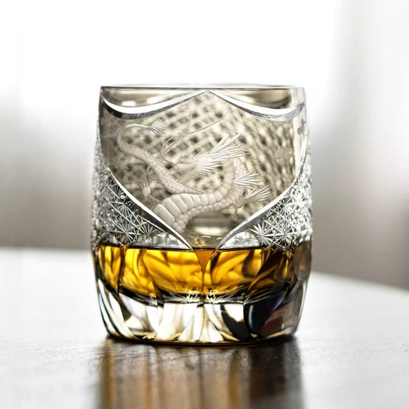 Dragon Crystal Whiskey Glass – Hand-Carved Edo Kiriko Amber Brandy Snifter for Men | Gift Boxed Prestige