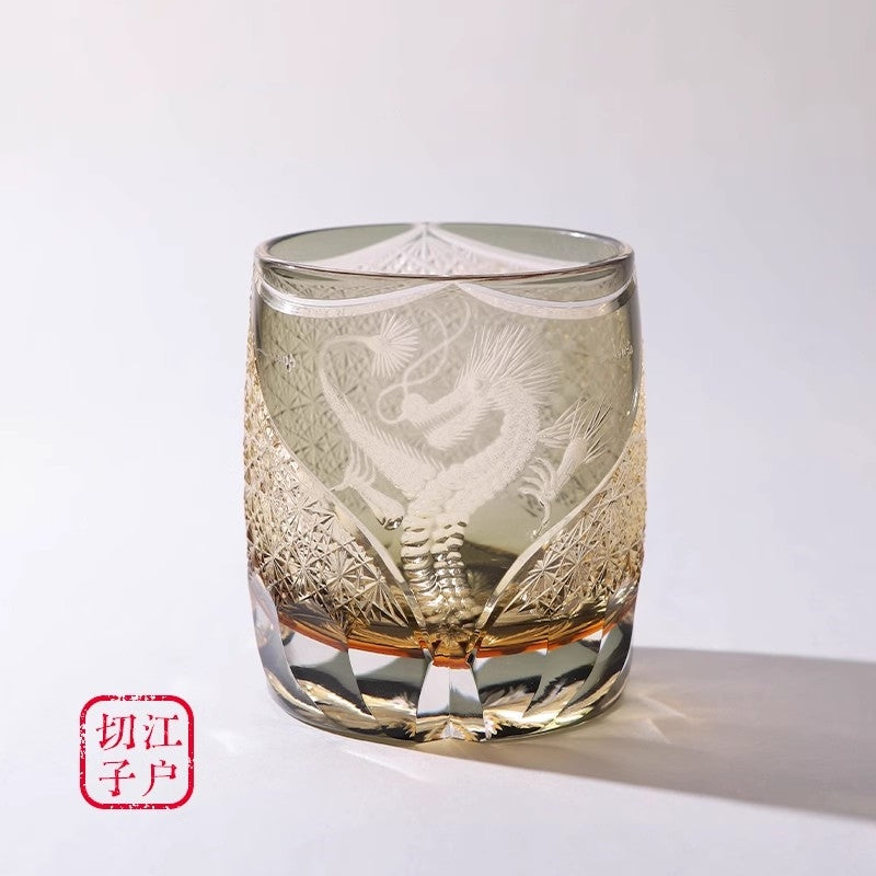 Dragon Crystal Whiskey Glass – Hand-Carved Edo Kiriko Amber Brandy Snifter for Men | Gift Boxed Prestige