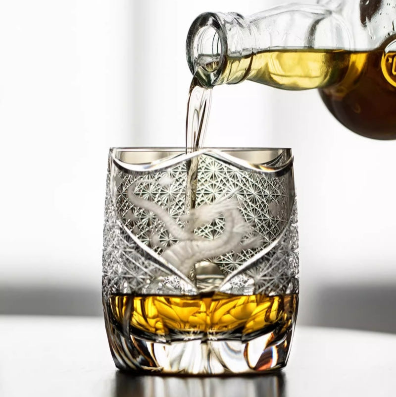 Dragon Crystal Whiskey Glass – Hand-Carved Edo Kiriko Amber Brandy Snifter for Men | Gift Boxed Prestige
