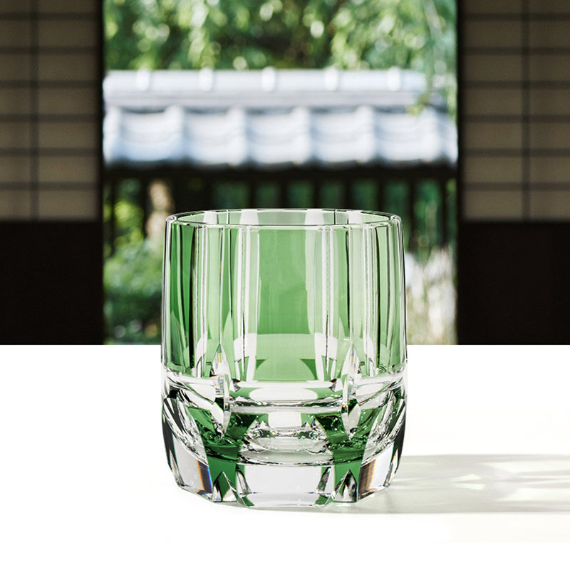 Japan KAGAMI Design Edo Kiriko Crystal Hand Carving Green Bamboo Rock Glass