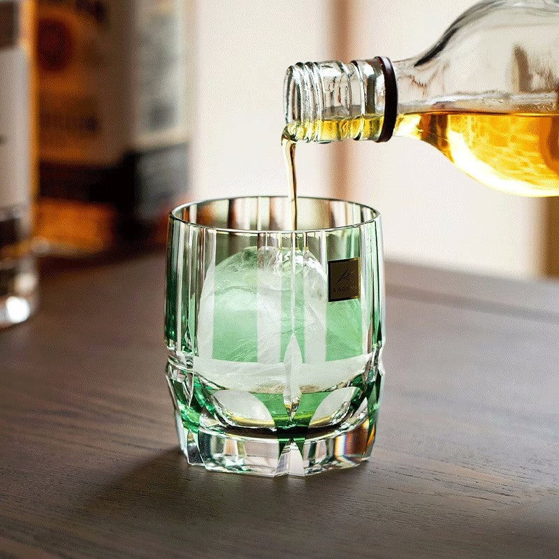 Japan KAGAMI Design Edo Kiriko Crystal Hand Carving Green Bamboo Rock Glass