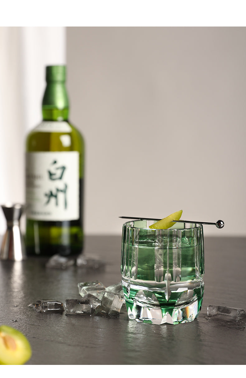 Japan KAGAMI Design Edo Kiriko Crystal Hand Carving Green Bamboo Rock Glass