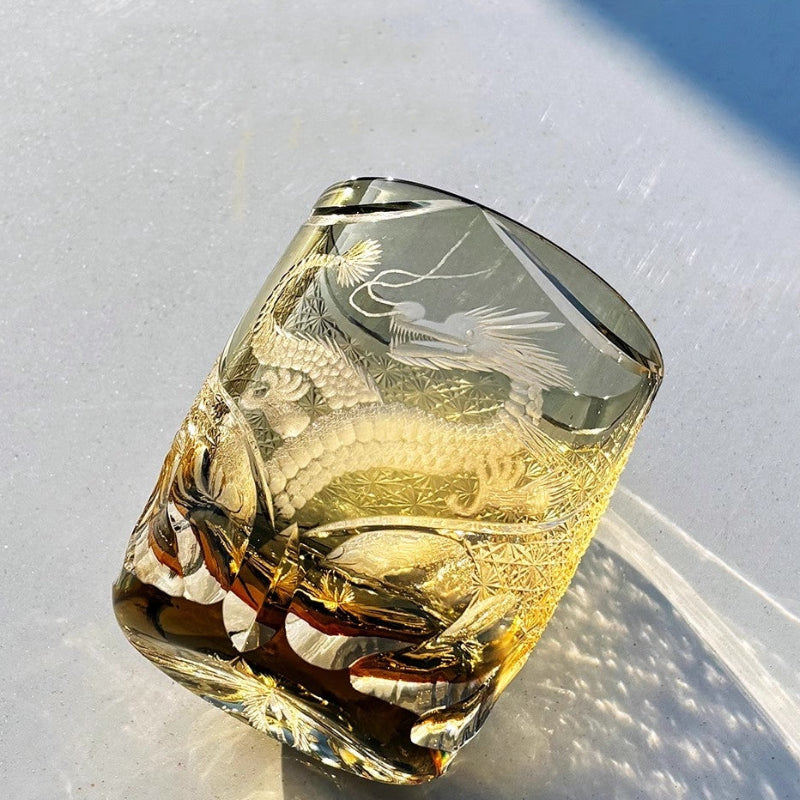 Dragon Crystal Whiskey Glass – Hand-Carved Edo Kiriko Amber Brandy Snifter for Men | Gift Boxed Prestige