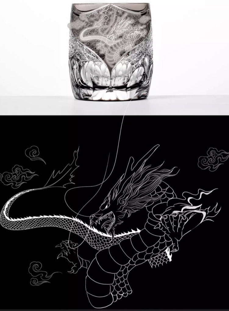 Dragon Crystal Whiskey Glass – Hand-Carved Edo Kiriko Amber Brandy Snifter for Men | Gift Boxed Prestige
