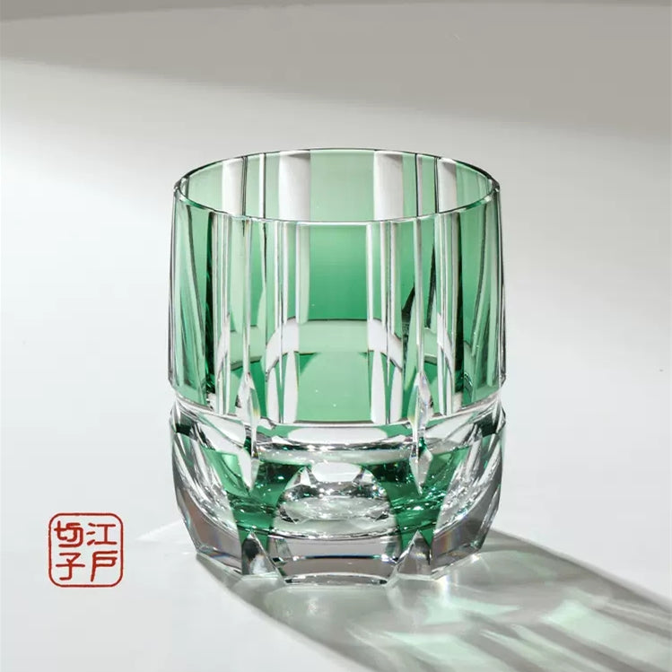 Japan KAGAMI Design Edo Kiriko Crystal Hand Carving Green Bamboo Rock Glass