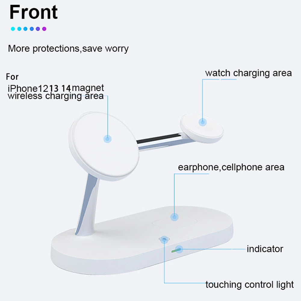 3-in-1 Magnetic Wireless Charger Stand for iPhone 12-15, Apple Watch 5-9, AirPods Pro – Fast Charging Station with LED Light