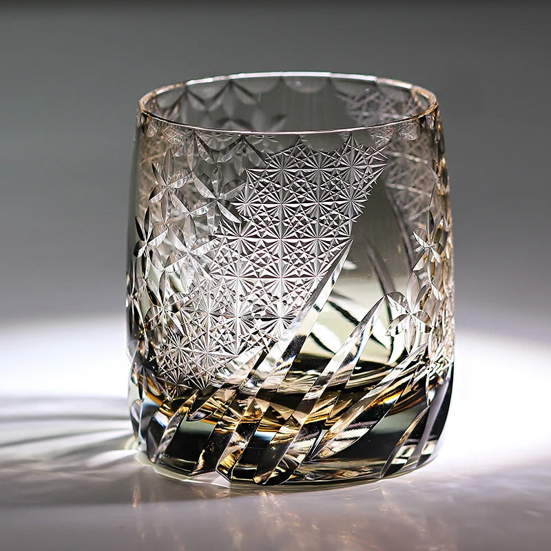 Edo Kiriko Whiskey Glass 310ml – Hand-Cut Amber Grey Crystal in Gift Box
