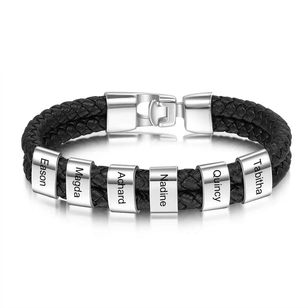 Custom Family Name Bracelet for Men – Engraved Black Leather Stainless Steel Gift