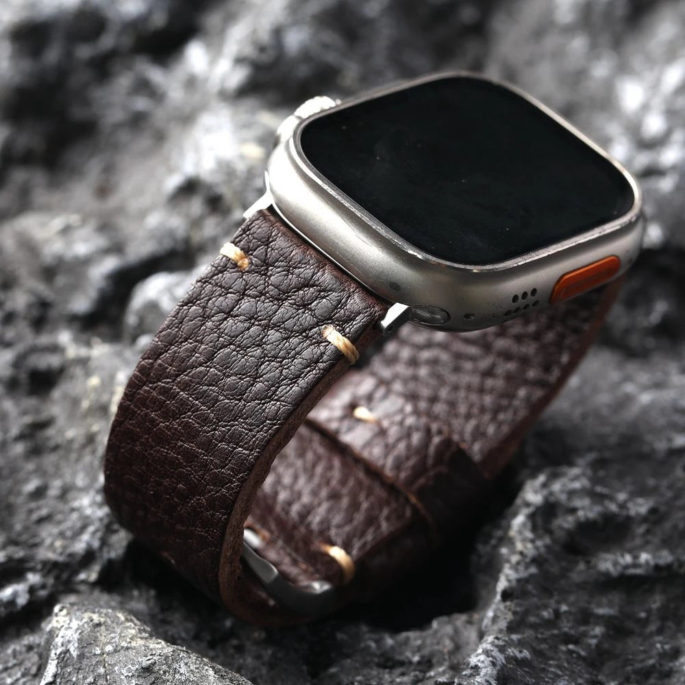 Handmade Italian Cowhide Leather Apple Watch Band – Ultra 2, S9, S8 – 49mm, 45mm – Soft Genuine Leather Strap for Men