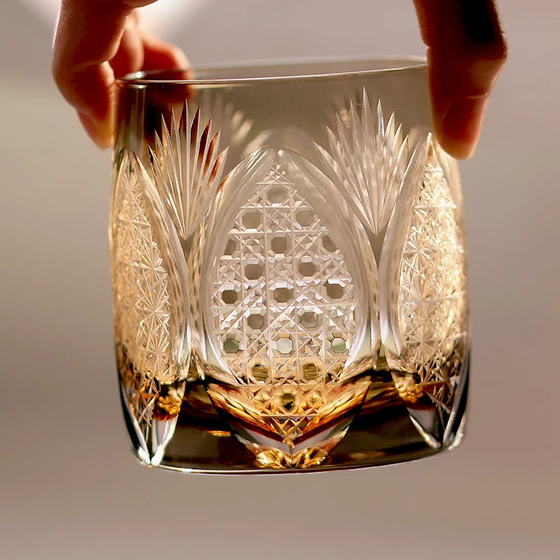 Edo Kiriko Whiskey Glass 310ml Amber Grey with Gift Box – Handcrafted Japanese Cut Glass for Bourbon, Scotch & Cocktails