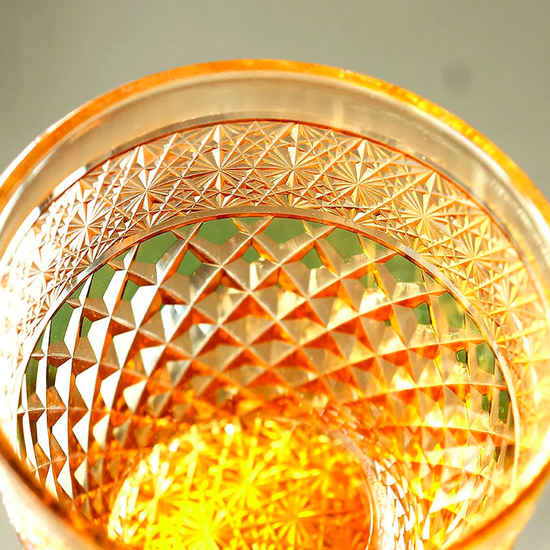 MGS Hand Cut Glass Edo Kiriko Glass Thick Wall Whisky Drinking Amber Color 8.8oz Glass