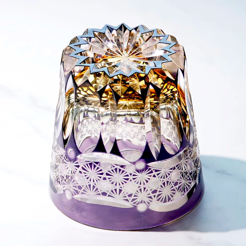 Premium Japanese Edo Kiriko Glass Hand Cut to Clear Glass Purple Color Whisky Glass with Gift Box
