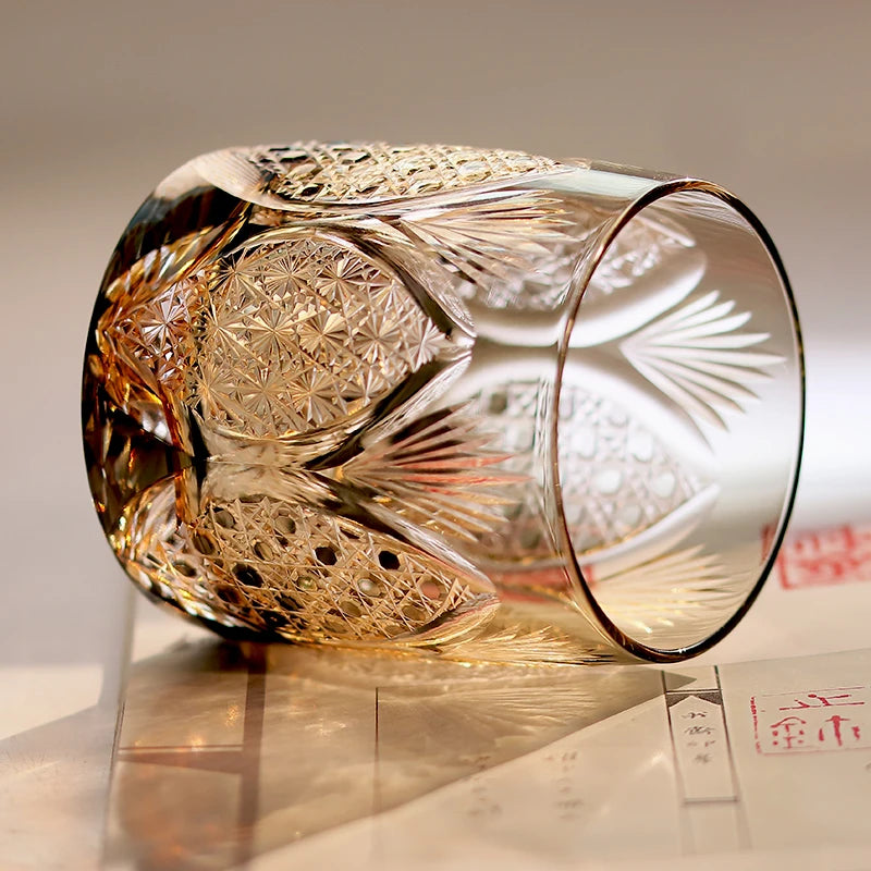 Edo Kiriko Whiskey Glass 310ml Amber Grey with Gift Box – Handcrafted Japanese Cut Glass for Bourbon, Scotch & Cocktails