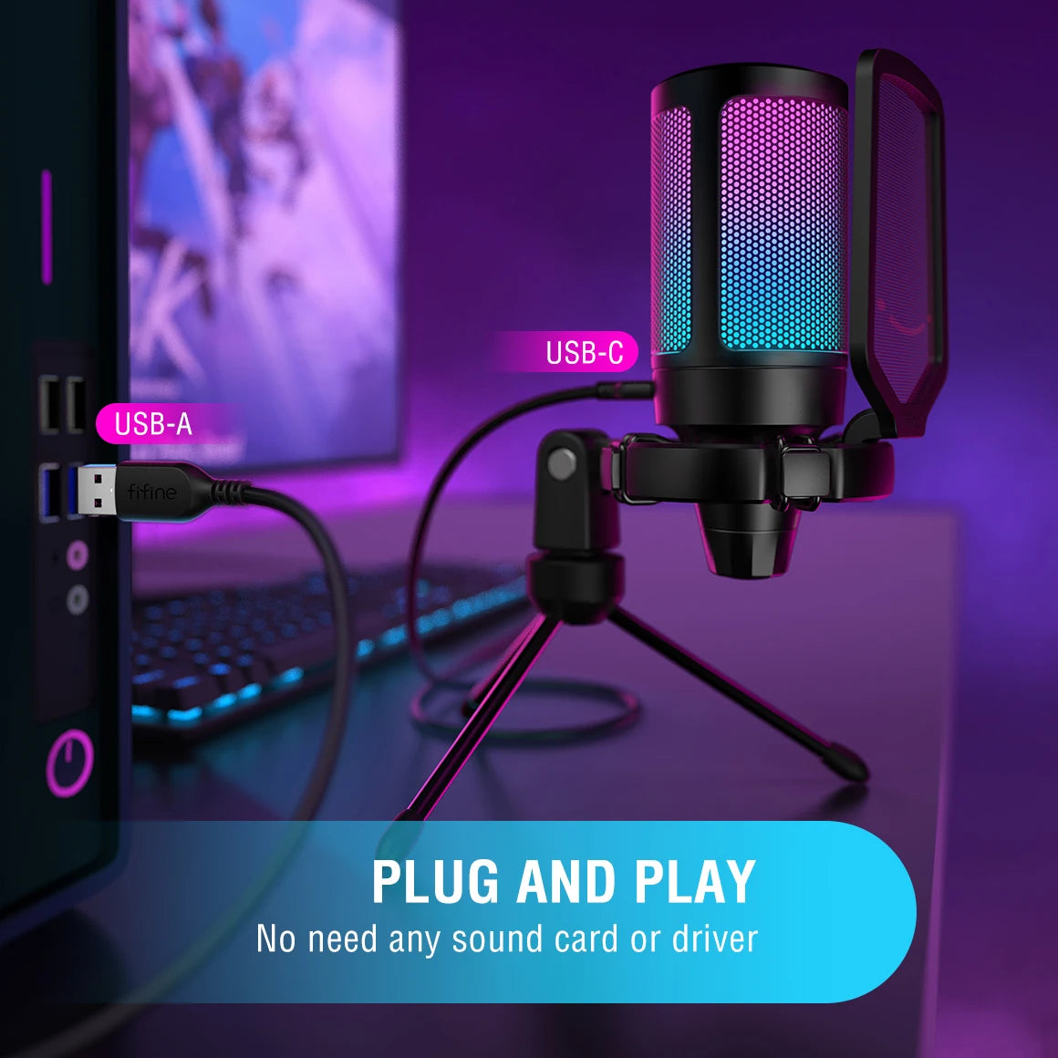Original FIFINE Ampligame A6V USB Condenser Mic for PC, PS4/5, MAC - Pop Filter, Shock Mount, Gain Control