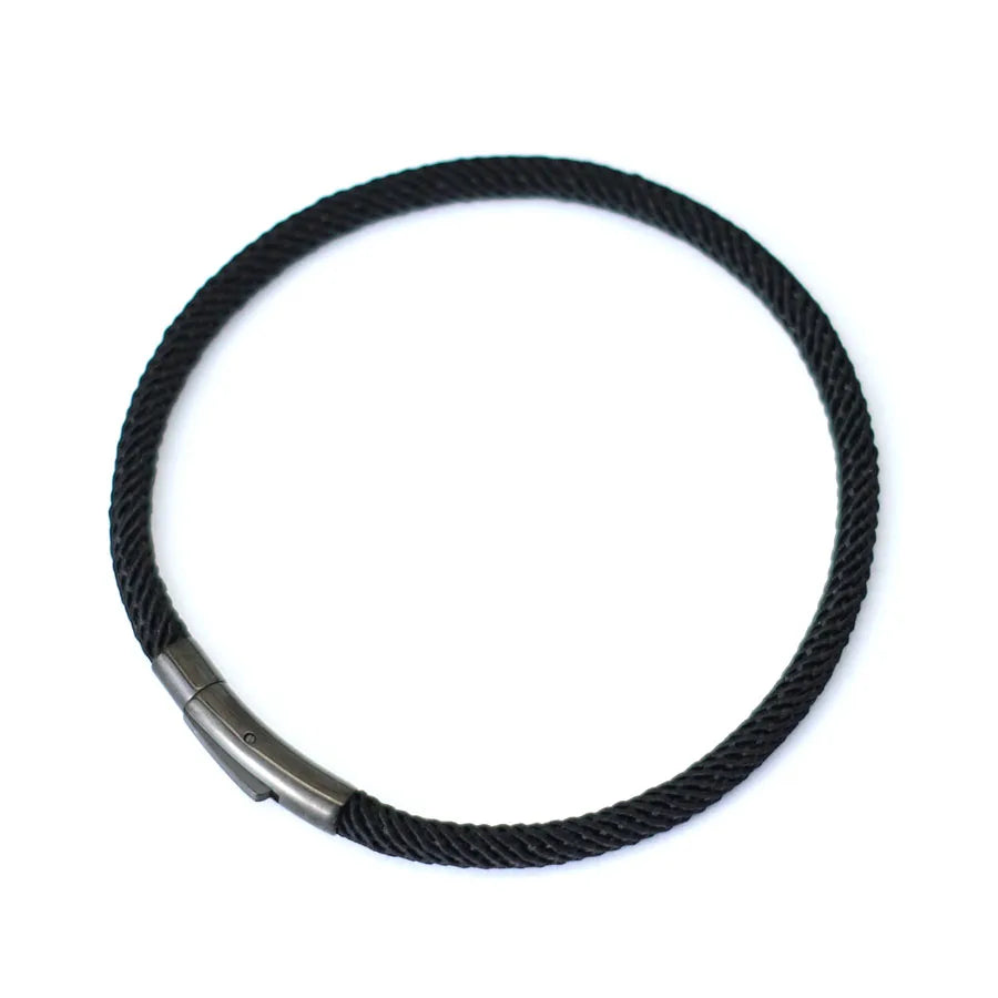 Minimalist Braided Fabric Bracelet with Secure Stainless Steel Snap Clasp Bangle, Custom Fit Black Woven Lucky Protection Jewelry Gift