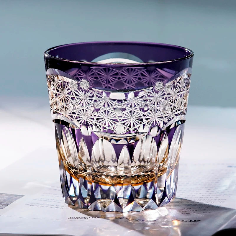 Premium Japanese Edo Kiriko Glass Hand Cut to Clear Glass Purple Color Whisky Glass with Gift Box