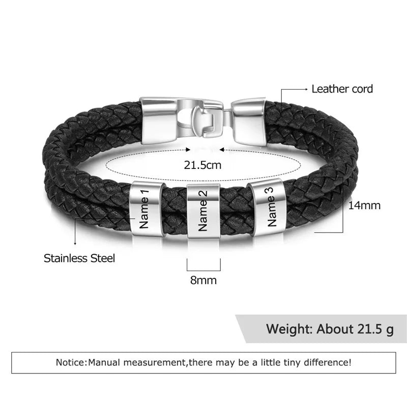 Custom Family Name Bracelet for Men – Engraved Black Leather Stainless Steel Gift