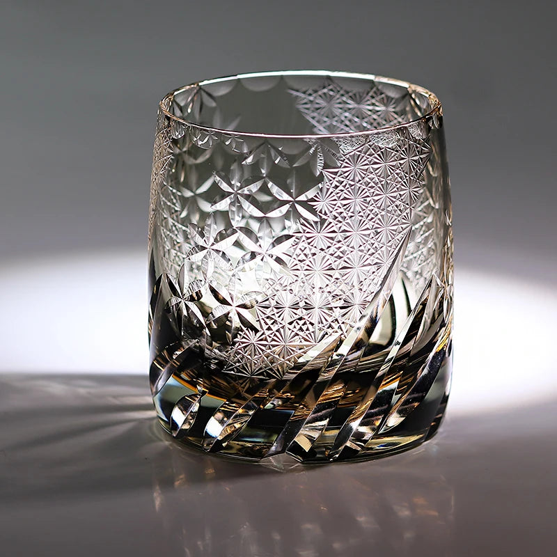 Edo Kiriko Whiskey Glass 310ml – Hand-Cut Amber Grey Crystal in Gift Box