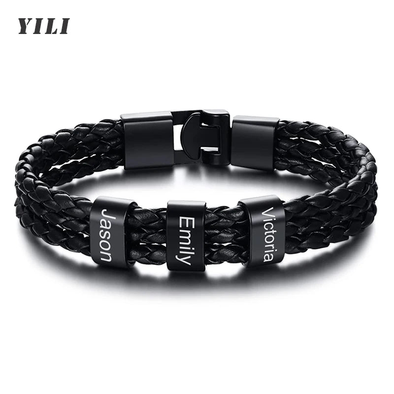 Custom Family Name Bracelet for Men – Engraved Black Leather Stainless Steel Gift