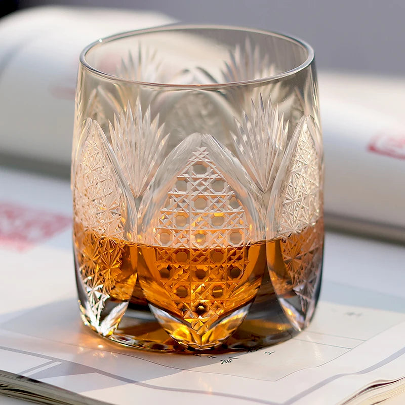 Edo Kiriko Whiskey Glass 310ml Amber Grey with Gift Box – Handcrafted Japanese Cut Glass for Bourbon, Scotch & Cocktails