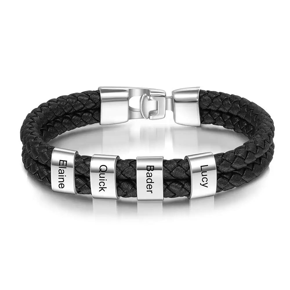 Custom Family Name Bracelet for Men – Engraved Black Leather Stainless Steel Gift
