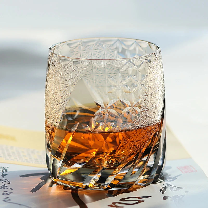 Edo Kiriko Whiskey Glass 310ml – Hand-Cut Amber Grey Crystal in Gift Box