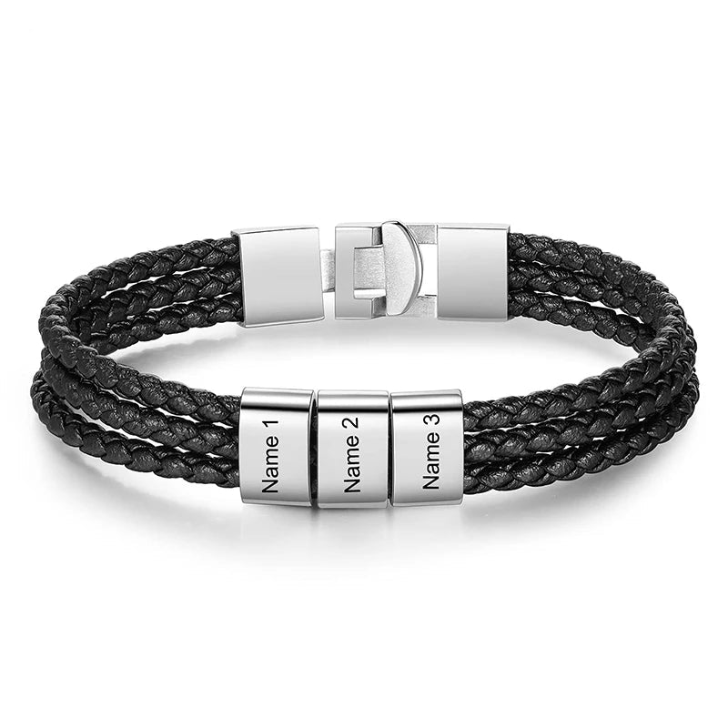 Custom Family Name Bracelet for Men – Engraved Black Leather Stainless Steel Gift