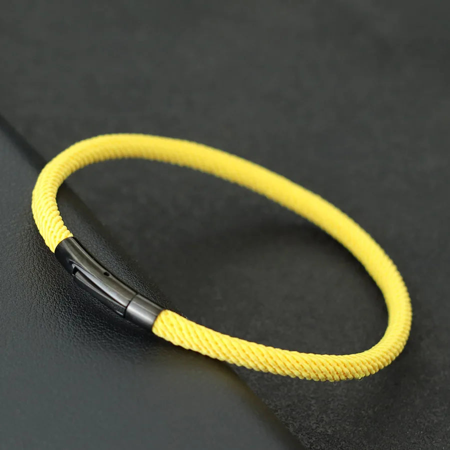 Minimalist Braided Fabric Bracelet with Secure Stainless Steel Snap Clasp Bangle, Custom Fit Yellow Woven Lucky Protection Jewelry Gift