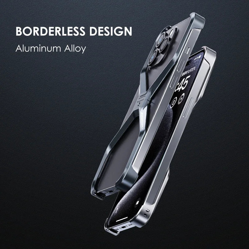 Metal Rimless Phone Case for iPhone 13, 14, 15, 16 Pro Max – Heat Dissipating Aluminum Armor Cover