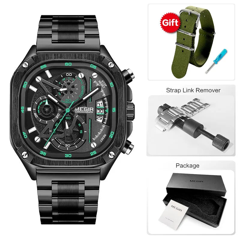 Original MEGIR Black Quartz Men Waterproof Square Dial Wristwatch with Chronograph - Man Gifts Shop