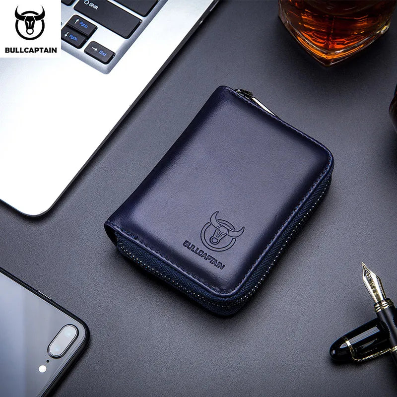 BULLCAPTAIN Cartera con tarjetero de piel auténtica RFID con cremallera para hombre