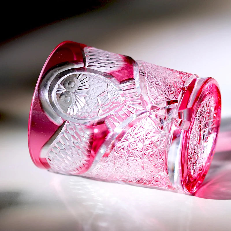 Edo Kiriko Hand-blown and Hand-carved Pink Crystal Owl Glass with Exquisite Gift Box And Precise Packaging