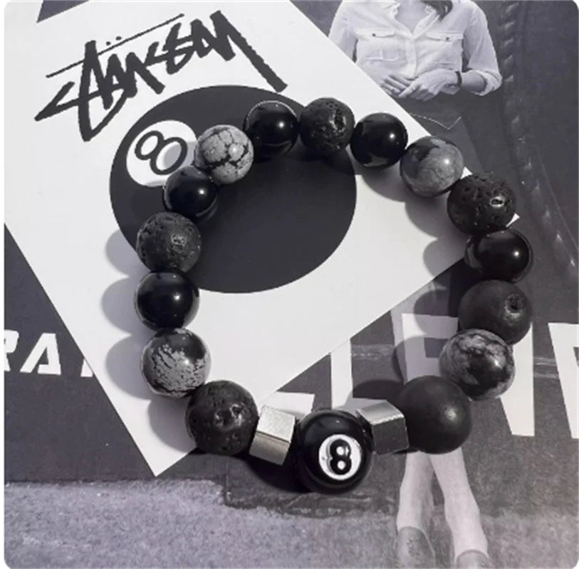Billiard 8-Ball Beaded Bracelet in Black for Men