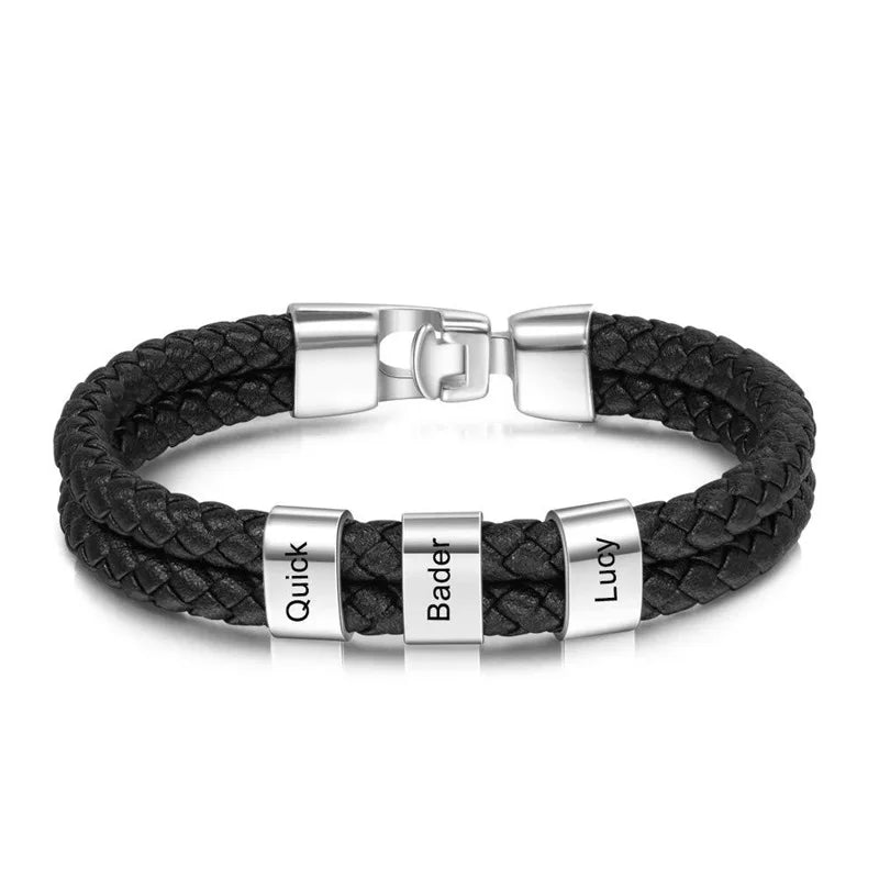 Custom Family Name Bracelet for Men – Engraved Black Leather Stainless Steel Gift