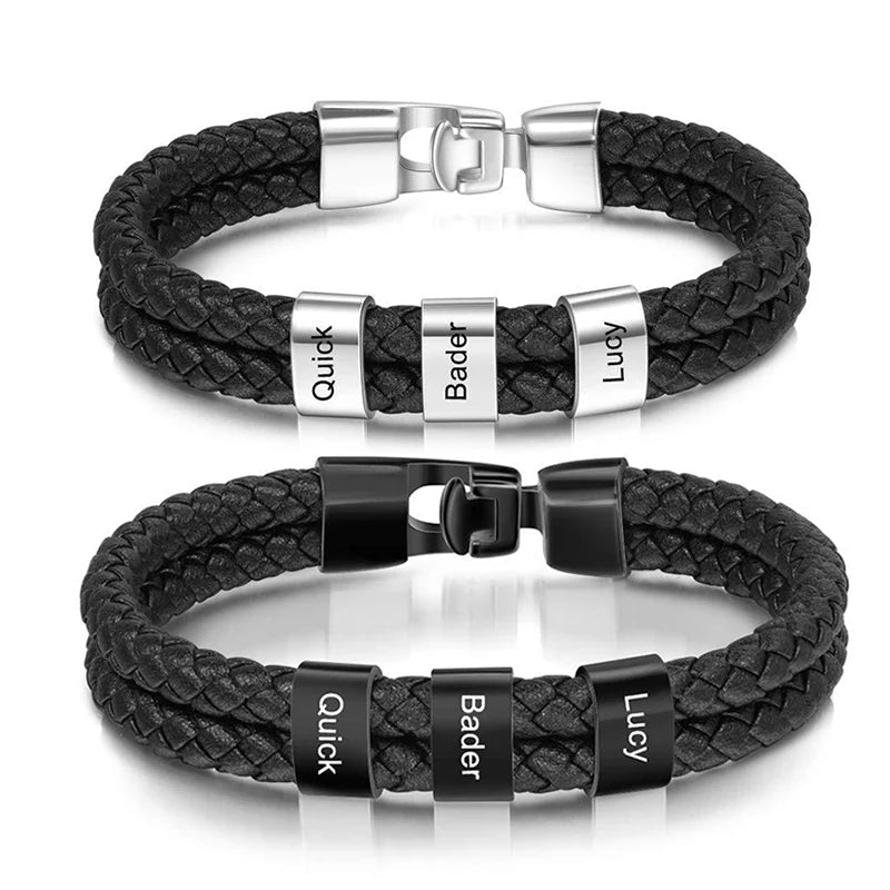 Custom Family Name Bracelet for Men – Engraved Black Leather Stainless Steel Gift