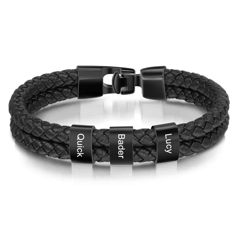 Custom Family Name Bracelet for Men – Engraved Black Leather Stainless Steel Gift